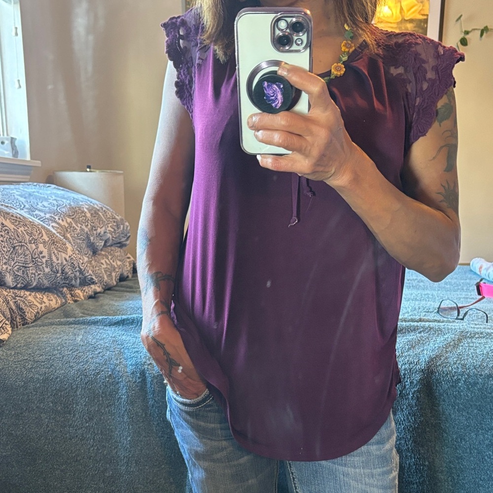 Chic Plum Lace Sleeve Blouse